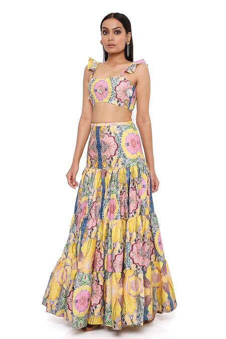 Buy_Payal Singhal_Yellow Silk Enchanted Square Neck Bustier And Skirt Set_Online_at_Aza_Fashions