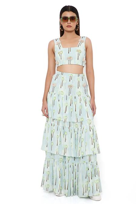 Payal Singhal Blue Georgette Embroidery Palm Tree Motifs Square Neck Crop Top And Skirt Set Online at Aza Fashions Payal Singhal_Blue Georgette Embroidery Palm Tree Motifs Square Neck Crop Top And Skirt Set_Online_at_Aza_Fashions