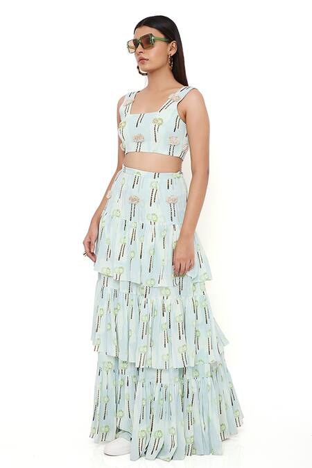 Buy Payal Singhal Blue Georgette Embroidery Palm Tree Motifs Square Neck Crop Top And Skirt Set Online at Aza Fashions Buy_Payal Singhal_Blue Georgette Embroidery Palm Tree Motifs Square Neck Crop Top And Skirt Set_Online_at_Aza_Fashions