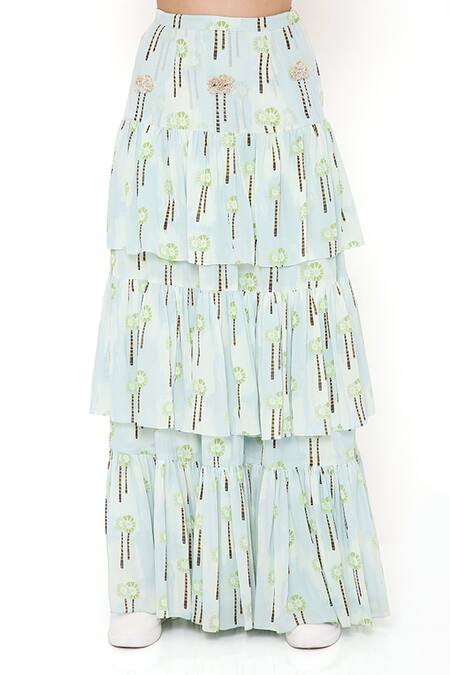 Shop Payal Singhal Blue Georgette Embroidery Palm Tree Motifs Square Neck Crop Top And Skirt Set Online at Aza Fashions Shop_Payal Singhal_Blue Georgette Embroidery Palm Tree Motifs Square Neck Crop Top And Skirt Set_Online_at_Aza_Fashions