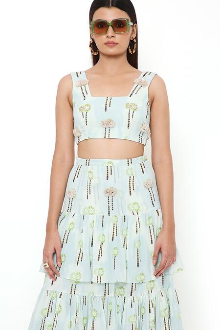 Payal Singhal Blue Georgette Embroidery Palm Tree Motifs Square Neck Crop Top And Skirt Set at Aza Fashions Payal Singhal_Blue Georgette Embroidery Palm Tree Motifs Square Neck Crop Top And Skirt Set_at_Aza_Fashions