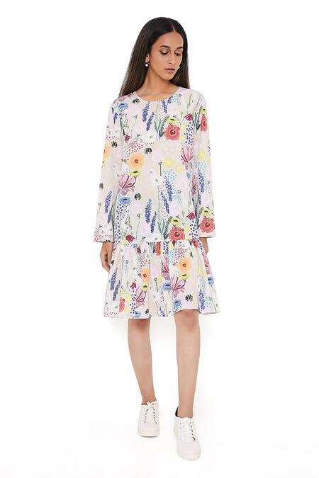 PS Pret By Payal Singhal_Grey Art Crepe Bee Round Frill Hem Tunic _Online_at_Aza_Fashions