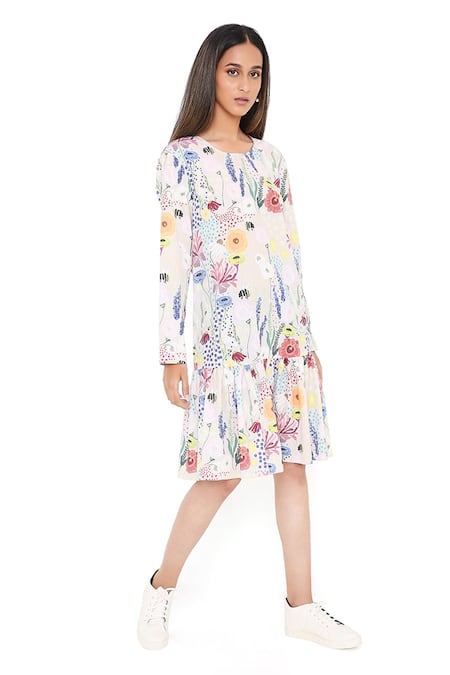 Buy_PS Pret By Payal Singhal_Grey Art Crepe Bee Round Frill Hem Tunic _Online_at_Aza_Fashions