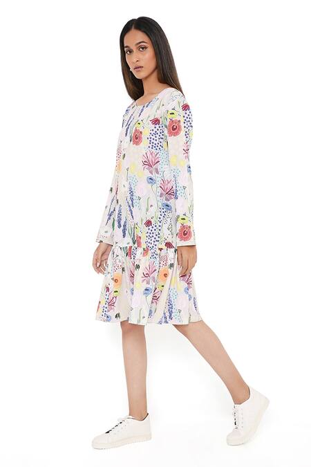 Shop_PS Pret By Payal Singhal_Grey Art Crepe Bee Round Frill Hem Tunic _Online_at_Aza_Fashions