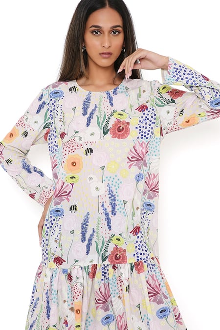 PS Pret By Payal Singhal_Grey Art Crepe Bee Round Frill Hem Tunic _at_Aza_Fashions