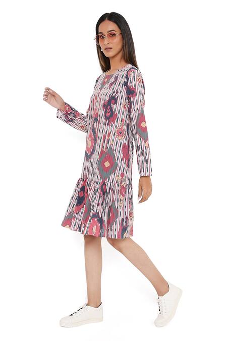 PS Pret By Payal Singhal_Red Art Crepe Ikat Tribe Round Frill Hem Tunic_Online_at_Aza_Fashions