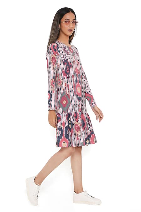 Buy_PS Pret By Payal Singhal_Red Art Crepe Ikat Tribe Round Frill Hem Tunic_Online_at_Aza_Fashions