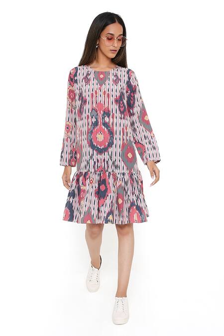 Shop_PS Pret By Payal Singhal_Red Art Crepe Ikat Tribe Round Frill Hem Tunic_Online_at_Aza_Fashions