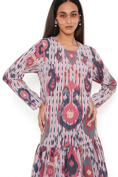 PS Pret By Payal Singhal_Red Art Crepe Ikat Tribe Round Frill Hem Tunic_at_Aza_Fashions