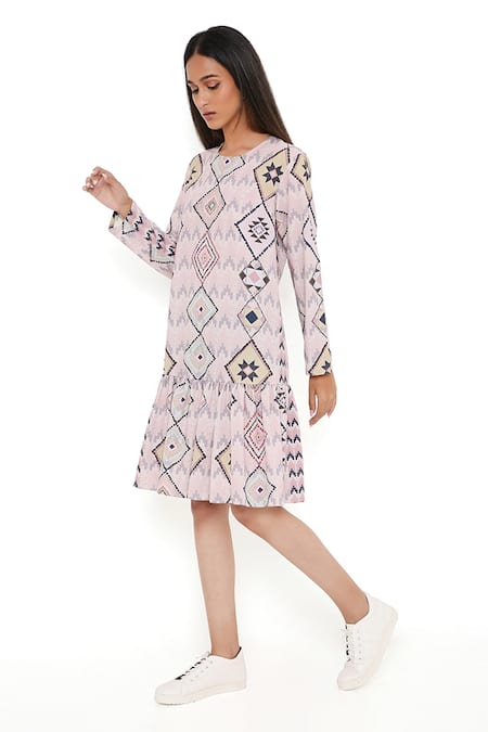 Buy_PS Pret By Payal Singhal_Pink Art Crepe Mosaic Diamond Round Print Frill Hem Tunic _Online_at_Aza_Fashions