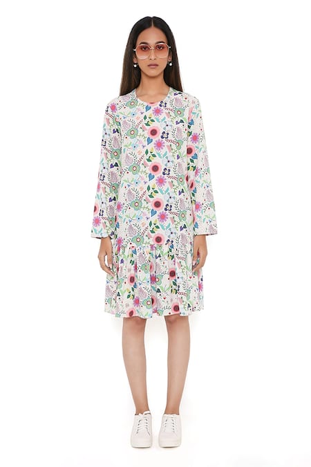 PS Pret By Payal Singhal Cream Art Crepe Print Floral Garden Round Frill Hem Tunic Online at Aza Fashions PS Pret By Payal Singhal_Cream Art Crepe Print Floral Garden Round Frill Hem Tunic _Online_at_Aza_Fashions