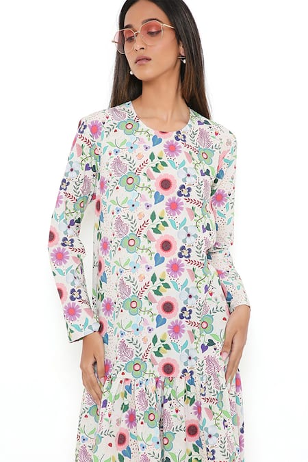 PS Pret By Payal Singhal Cream Art Crepe Print Floral Garden Round Frill Hem Tunic at Aza Fashions PS Pret By Payal Singhal_Cream Art Crepe Print Floral Garden Round Frill Hem Tunic _at_Aza_Fashions