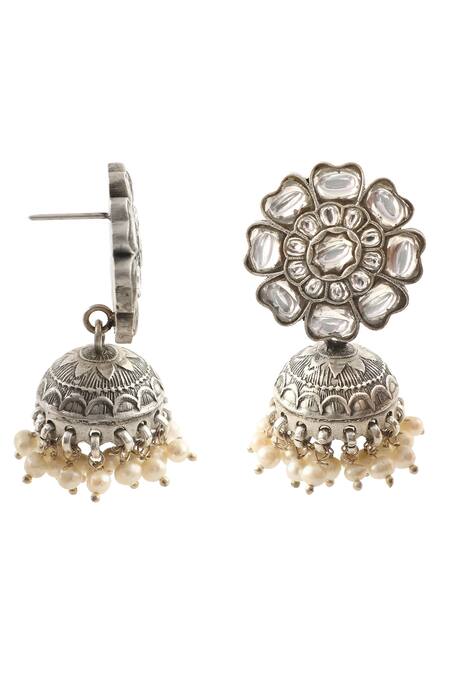 Palace Of Silver_White Floral Shaped Jhumkas_Online_at_Aza_Fashions