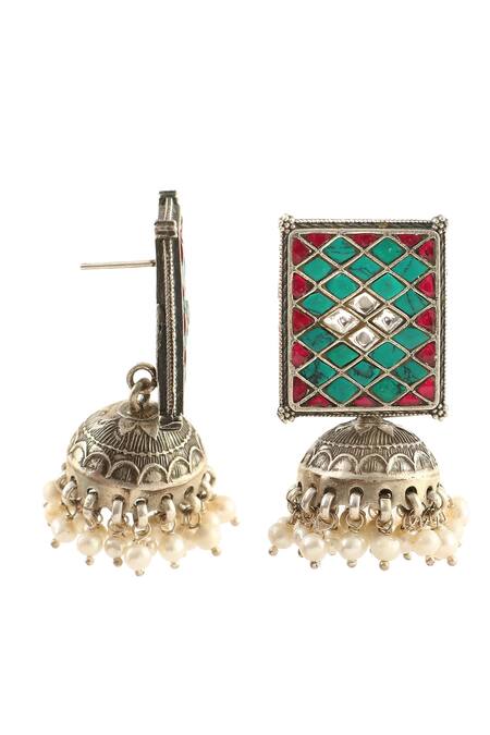 Palace Of Silver_Blue Kundan Embellished Earrings_Online_at_Aza_Fashions