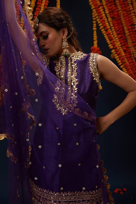 Preeti S Kapoor_Purple Silk, Net Gota Patti Round Neck Embroidered Kurta Gharara Set _Online_at_Aza_Fashions