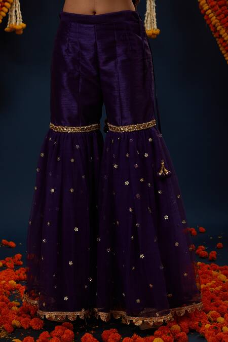 Buy_Preeti S Kapoor_Purple Silk, Net Gota Patti Round Neck Embroidered Kurta Gharara Set _Online_at_Aza_Fashions