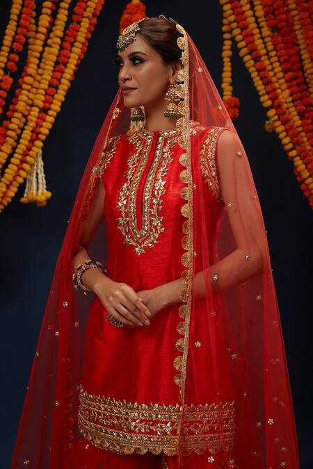 Preeti S Kapoor_Red Silk, Net Gota Patti Round Neck Embroidered Kurta Gharara Set _Online_at_Aza_Fashions
