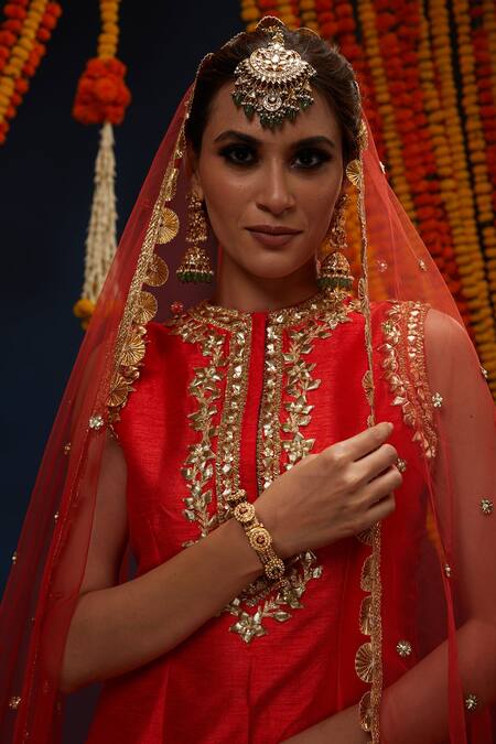 Buy_Preeti S Kapoor_Red Silk, Net Gota Patti Round Neck Embroidered Kurta Gharara Set _Online_at_Aza_Fashions