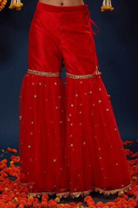 Shop_Preeti S Kapoor_Red Silk, Net Gota Patti Round Neck Embroidered Kurta Gharara Set _Online_at_Aza_Fashions