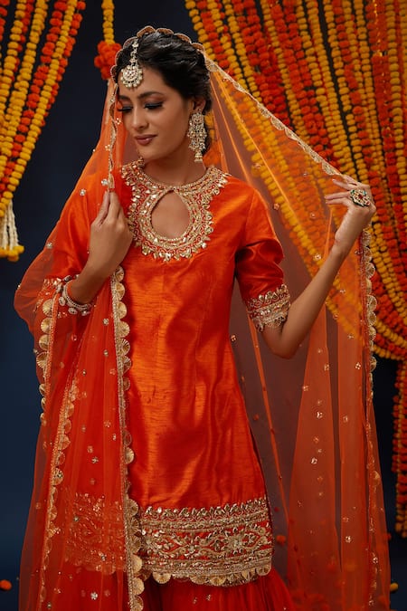 Preeti S Kapoor_Orange Cotton, Net Gota Patti Round Neck Work Kurta Gharara Set _Online_at_Aza_Fashions