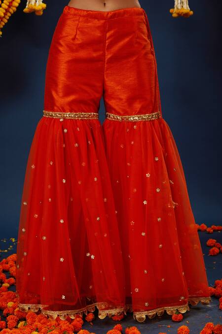 Buy_Preeti S Kapoor_Orange Cotton, Net Gota Patti Round Neck Work Kurta Gharara Set _Online_at_Aza_Fashions