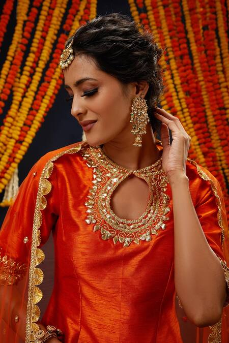 Buy_Preeti S Kapoor_Orange Silk, Net Gota Patti Round Neck Embroidered Kurta Sharara Set _Online_at_Aza_Fashions