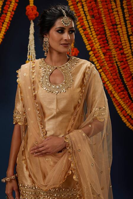 Preeti S Kapoor_Beige Silk, Net Gota Patti Round Neck Kurta Gharara Set _Online_at_Aza_Fashions