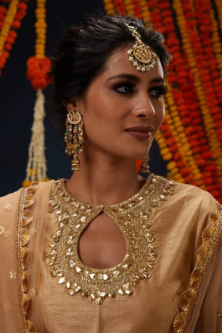 Buy_Preeti S Kapoor_Beige Silk, Net Gota Patti Round Neck Kurta Gharara Set _Online_at_Aza_Fashions