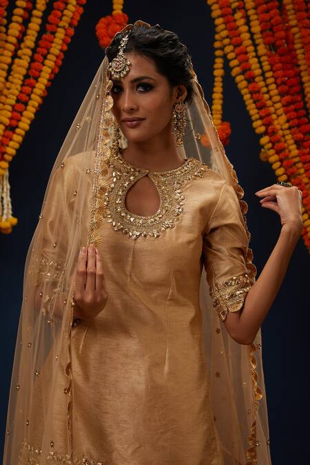 Preeti S Kapoor_Beige Silk, Net Sequins, Embroidery, Gota Patti Round Neck Kurta Sharara Set _Online_at_Aza_Fashions