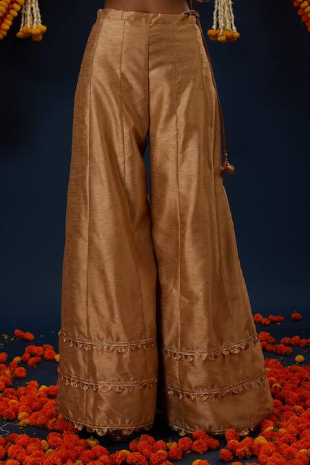 Buy_Preeti S Kapoor_Beige Silk, Net Sequins, Embroidery, Gota Patti Round Neck Kurta Sharara Set _Online_at_Aza_Fashions