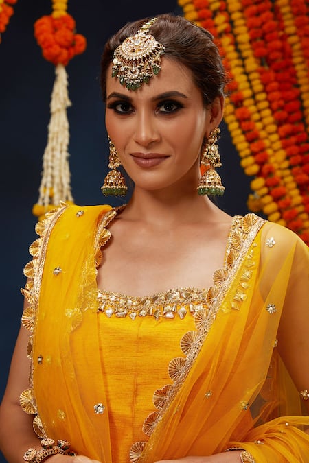 Preeti S Kapoor_Yellow Silk, Net, Denim Gota Patti Square Neck Embroidered Kurta Gharara Set _Online_at_Aza_Fashions