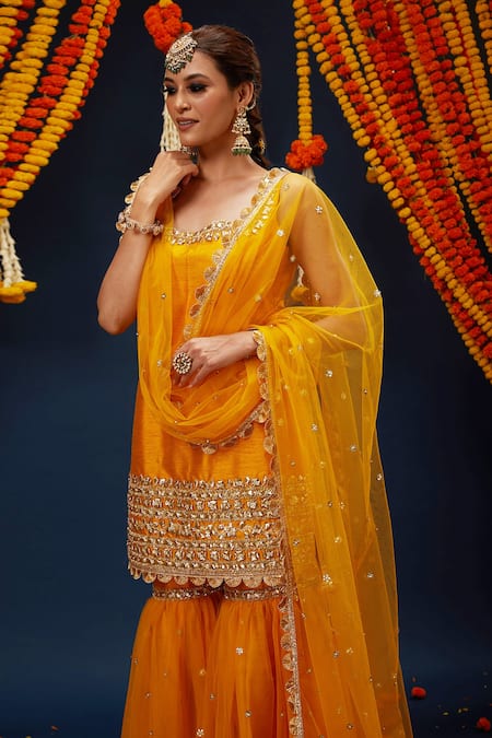 Buy_Preeti S Kapoor_Yellow Silk, Net, Denim Gota Patti Square Neck Embroidered Kurta Gharara Set _Online_at_Aza_Fashions