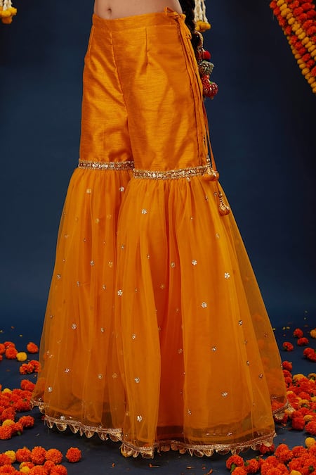 Shop_Preeti S Kapoor_Yellow Silk, Net, Denim Gota Patti Square Neck Embroidered Kurta Gharara Set _Online_at_Aza_Fashions