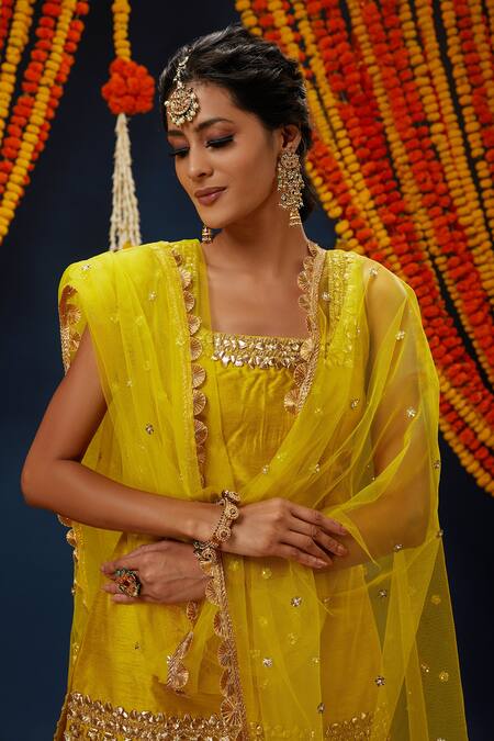 Preeti S Kapoor_Green Cotton, Net Gota Patti Square Neck Embroidered Kurta Gharara Set _Online_at_Aza_Fashions