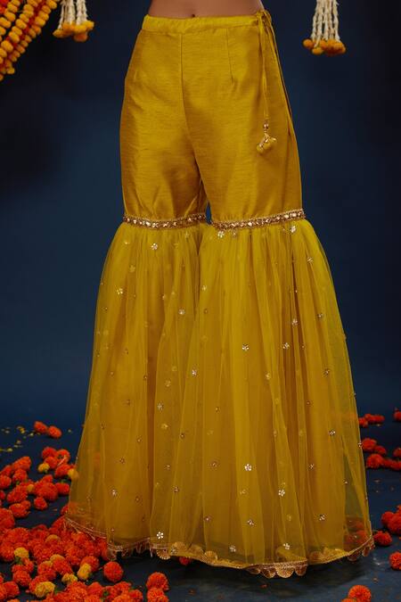 Buy_Preeti S Kapoor_Green Cotton, Net Gota Patti Square Neck Embroidered Kurta Gharara Set _Online_at_Aza_Fashions