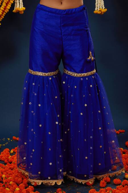 Buy_Preeti S Kapoor_Blue Silk, Net, Denim Gota Patti V-neck Work Kurta Gharara Set _Online_at_Aza_Fashions