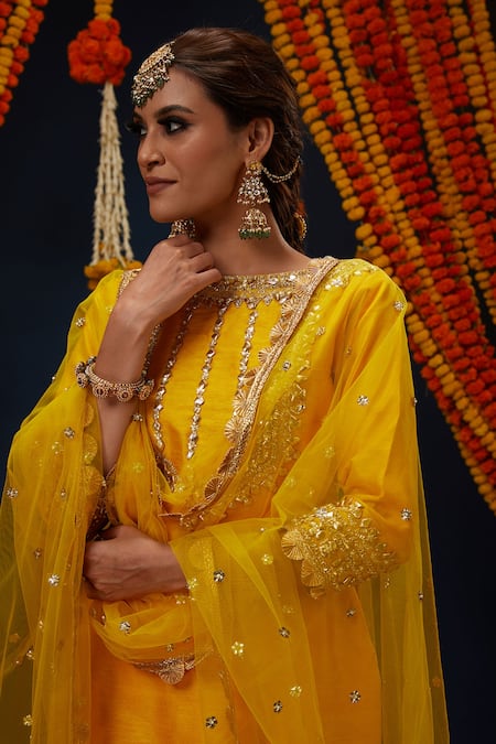 Preeti S Kapoor_Yellow Silk, Net Gota Patti, Embroidery, Sequins Boat Round Kurta Gharara Set _Online_at_Aza_Fashions