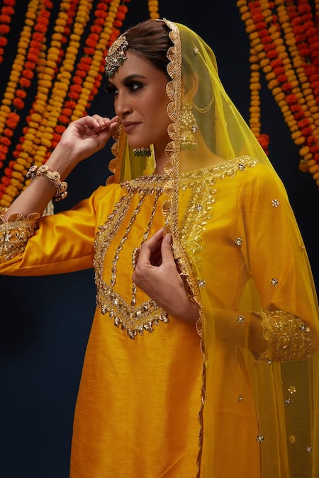 Buy_Preeti S Kapoor_Yellow Silk, Net Gota Patti, Embroidery, Sequins Boat Round Kurta Gharara Set _Online_at_Aza_Fashions
