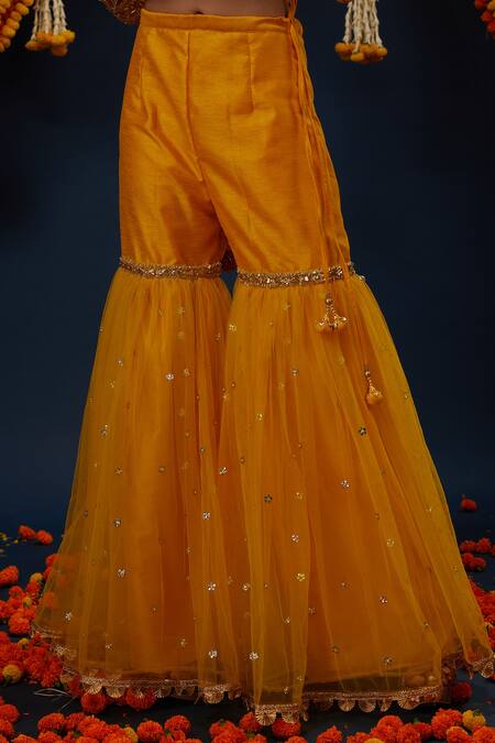 Shop_Preeti S Kapoor_Yellow Silk, Net Gota Patti, Embroidery, Sequins Boat Round Kurta Gharara Set _Online_at_Aza_Fashions