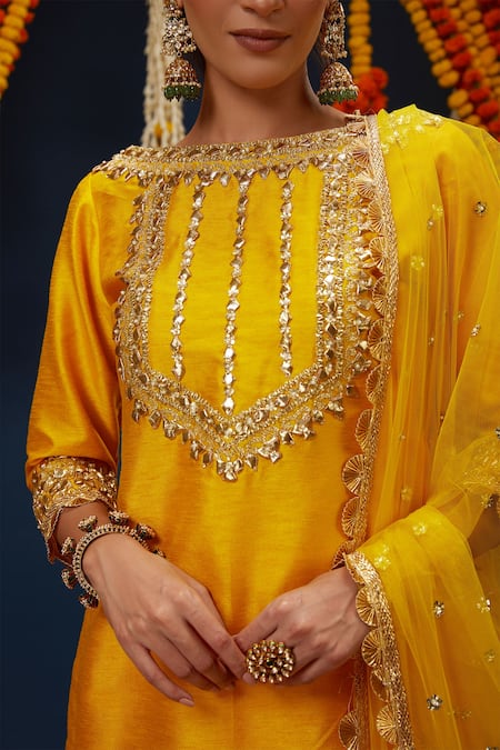 Preeti S Kapoor_Yellow Silk, Net Embroidery, Gota Patti Boat Neck Round Kurta Sharara Set _Online_at_Aza_Fashions