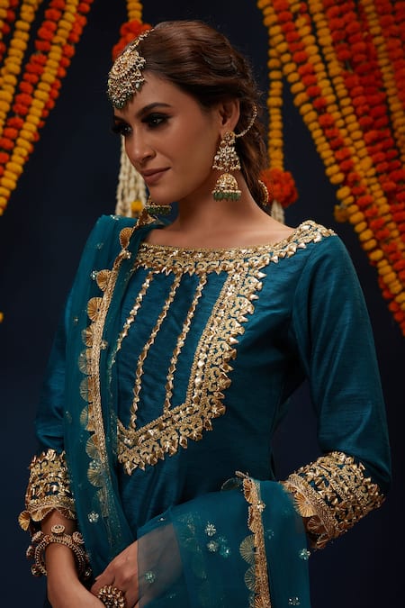 Preeti S Kapoor_Green Net Gota Patti, Sequins Boat Neck Embroidered Kurta Gharara Set _Online_at_Aza_Fashions