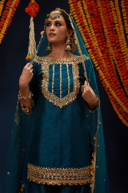 Preeti S Kapoor_Green Net, Silk, Denim Gota Patti, Embroidery Boat Neck Kurta Sharara Set _Online_at_Aza_Fashions