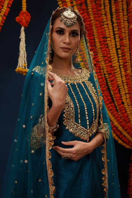 Buy_Preeti S Kapoor_Green Net, Silk, Denim Gota Patti, Embroidery Boat Neck Kurta Sharara Set _Online_at_Aza_Fashions
