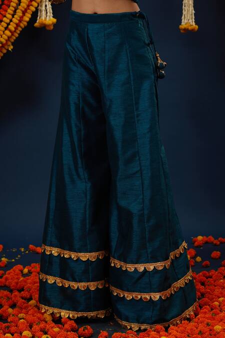Shop_Preeti S Kapoor_Green Net, Silk, Denim Gota Patti, Embroidery Boat Neck Kurta Sharara Set _Online_at_Aza_Fashions
