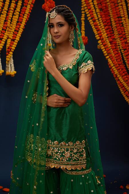 Preeti S Kapoor_Green Net Embroidery, Gota Patti Sweetheart Neck Kurta Gharara Set _Online_at_Aza_Fashions