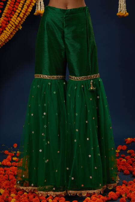 Shop_Preeti S Kapoor_Green Net Embroidery, Gota Patti Sweetheart Neck Kurta Gharara Set _Online_at_Aza_Fashions