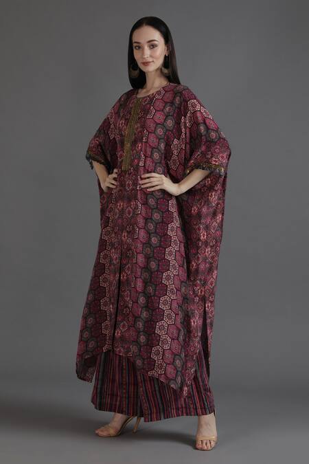 Preeti S Kapoor_Wine Crepe Tassels Round Neck Irha Floral Honeycomb Print Kaftan With Pant_Online_at_Aza_Fashions