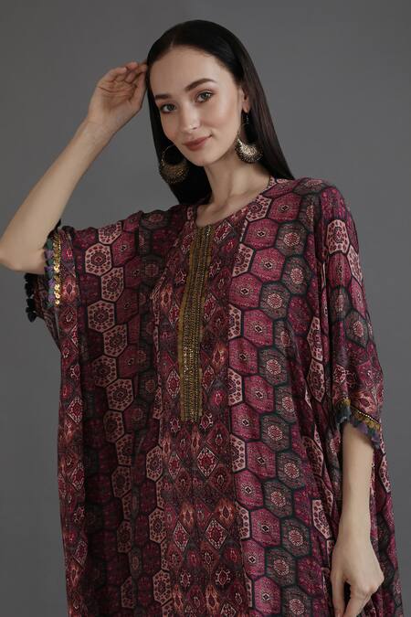 Buy_Preeti S Kapoor_Wine Crepe Tassels Round Neck Irha Floral Honeycomb Print Kaftan With Pant_Online_at_Aza_Fashions