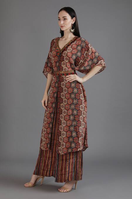 Preeti S Kapoor Orange Crepe Tassels V-neck Hifza Vivid Honeycomb Print Kurta With Pant Online at Aza Fashions Preeti S Kapoor_Orange Crepe Tassels V-neck Hifza Vivid Honeycomb Print Kurta With Pant_Online_at_Aza_Fashions