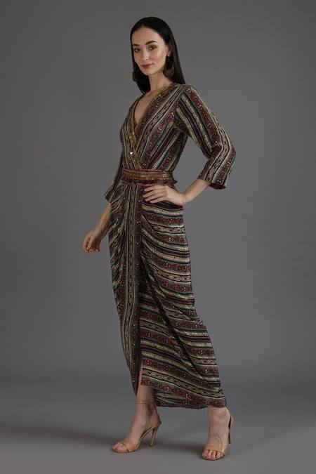 Preeti S Kapoor_Red Crepe Tassels V-neck Abiha Stripe Print Dhoti Dress_Online_at_Aza_Fashions